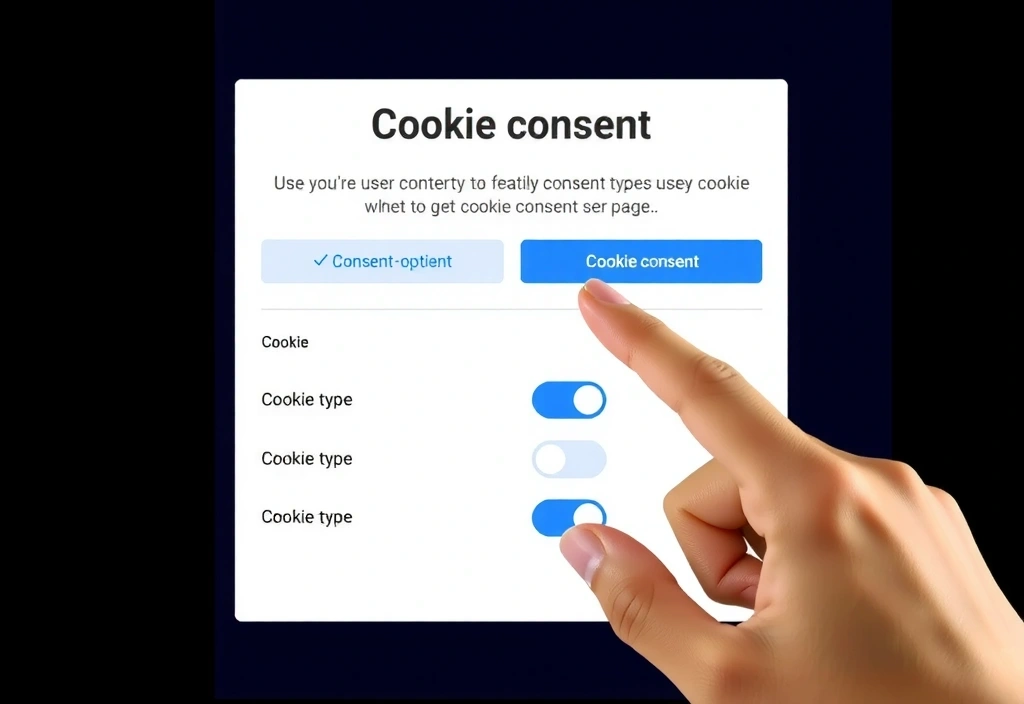 A person's hand interacting with a digital interface showing cookie consent options, with toggles for different cookie types. Focus on user control and privacy settings.