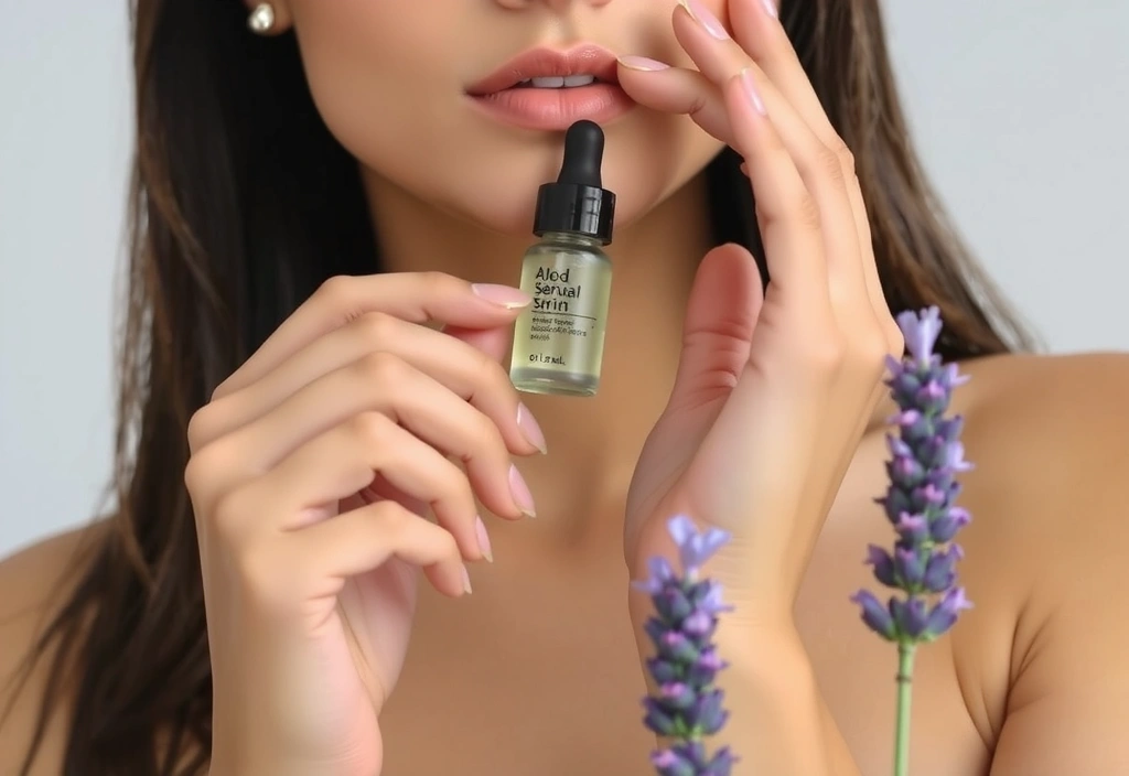 A woman looking thoughtfully at natural health products, surrounded by botanical elements, suggesting well-being and clarity.