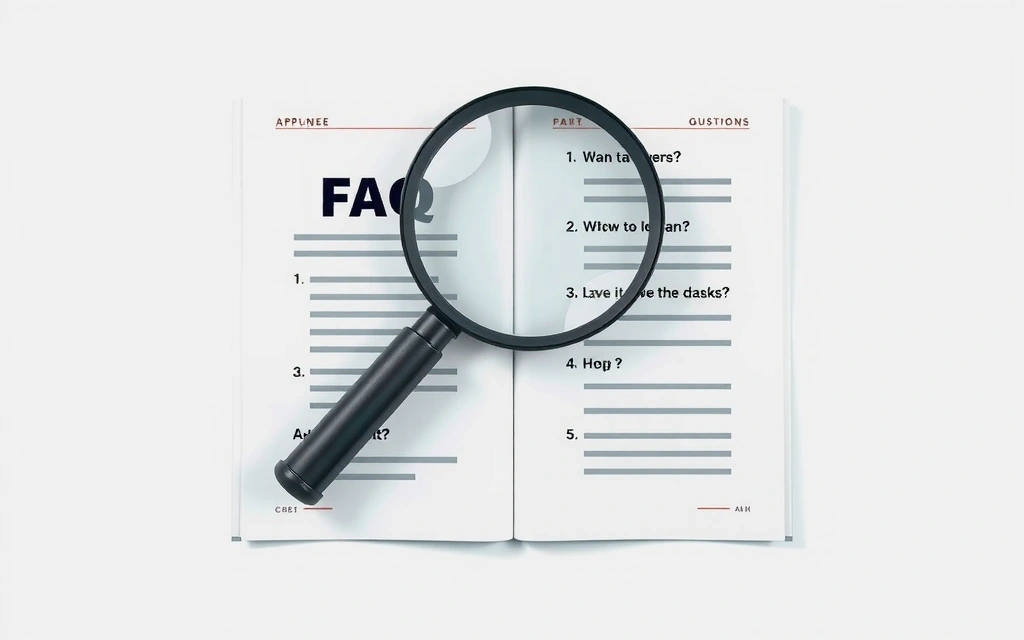 A magnifying glass hovering over a FAQ document, symbolizing quick and efficient information retrieval.