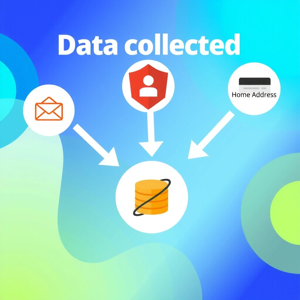 Graphic representation of various data types being collected, such as emails, addresses, and browsing habits, flowing into a secure digital container.