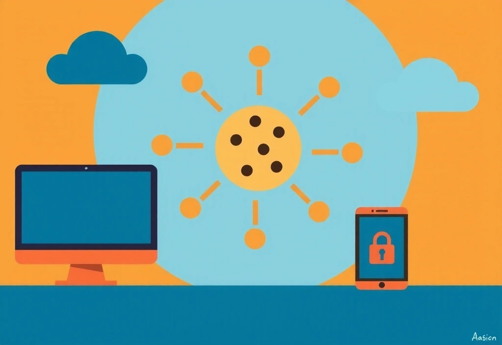 Illustration of a cookie icon with digital waves emanating from it, representing website tracking and data collection.